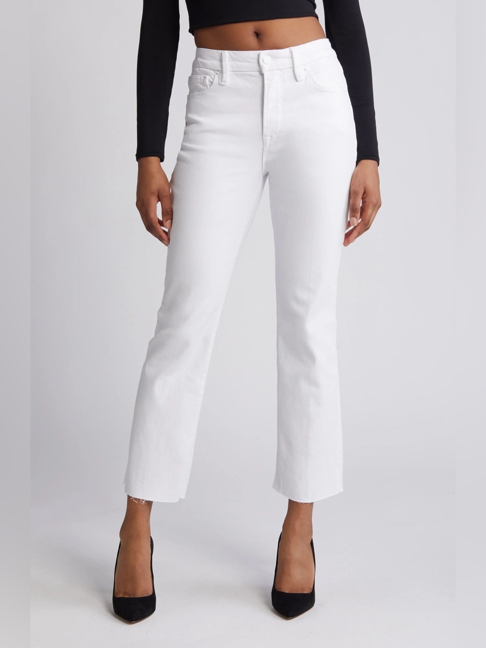 Good American “Good Straight” High Rise White Straight-Leg Raw Hem Jeans